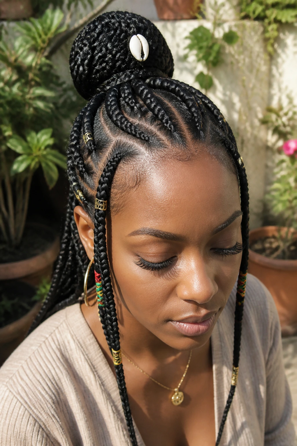 Close-up of a woman with Fulani-inspired half-updo featuring a cowrie shell centerpiece.
