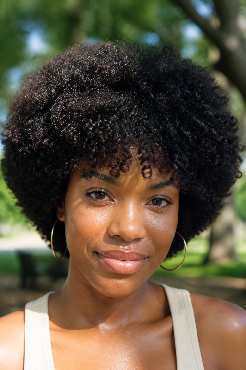 Close-up of a real person with a full Afro and coiled baby bangs in natural sunlight