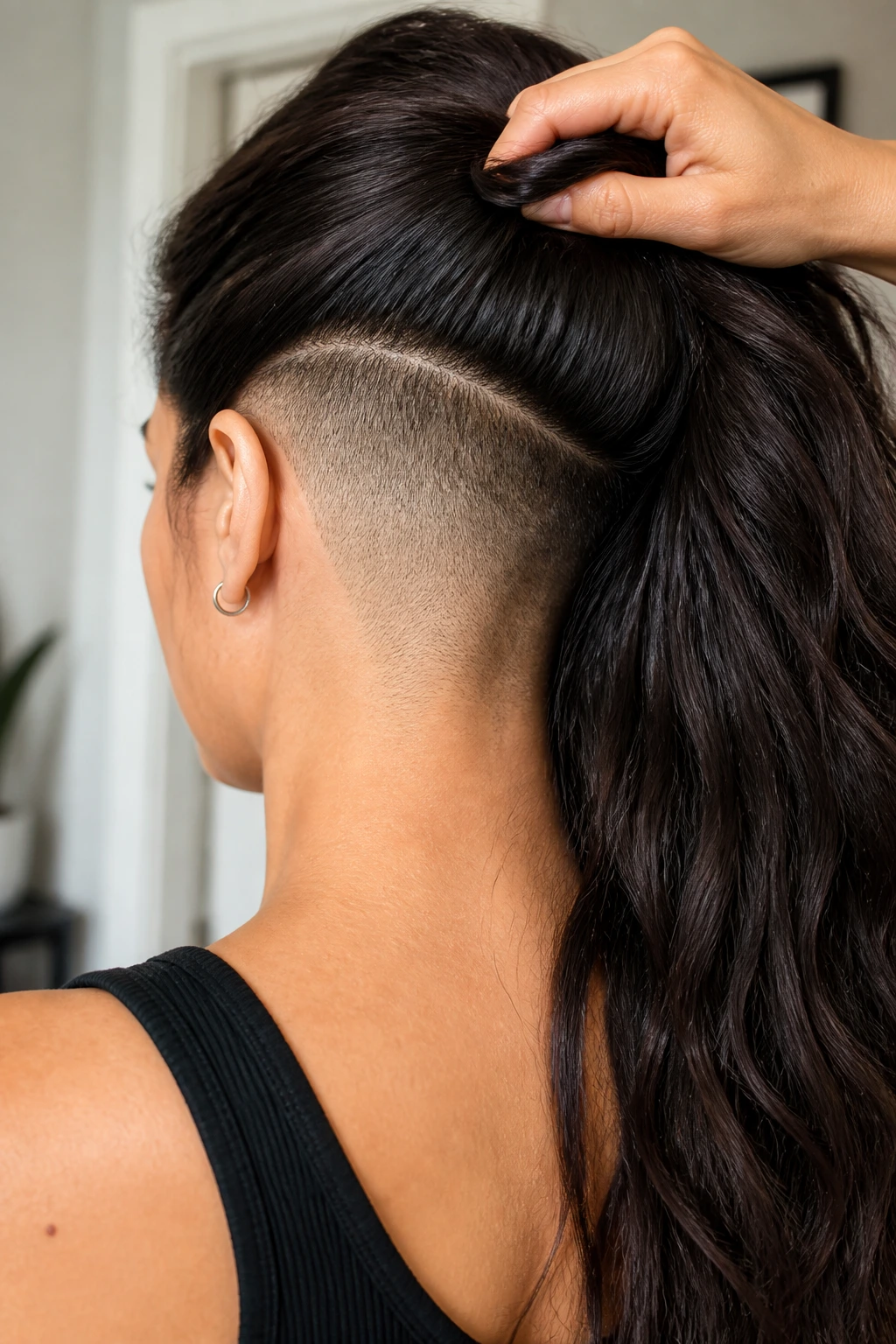Back three-quarter portrait showing shaved nape undercut on thick hair