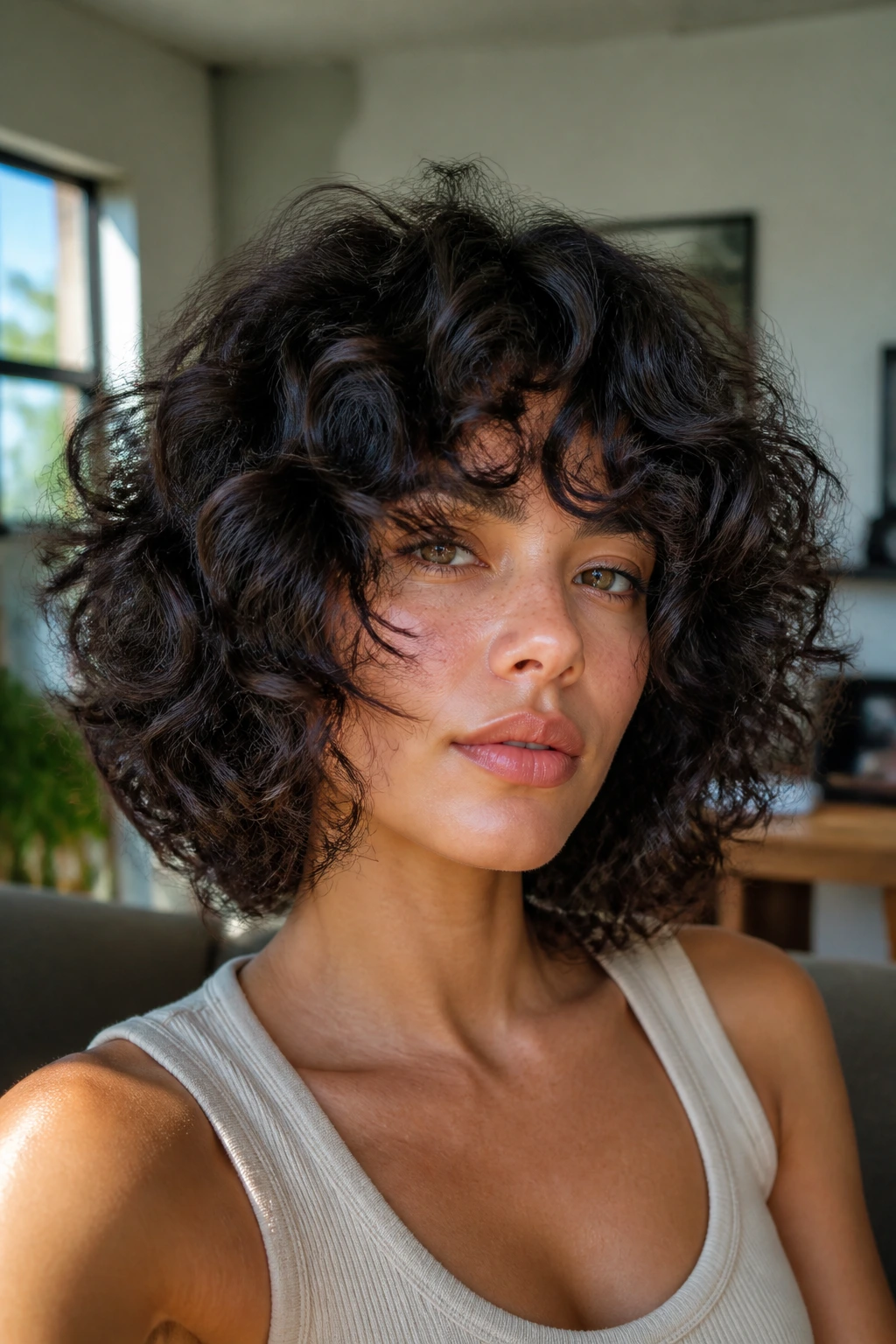 Real woman with full-volume curly bob and long blended bangs