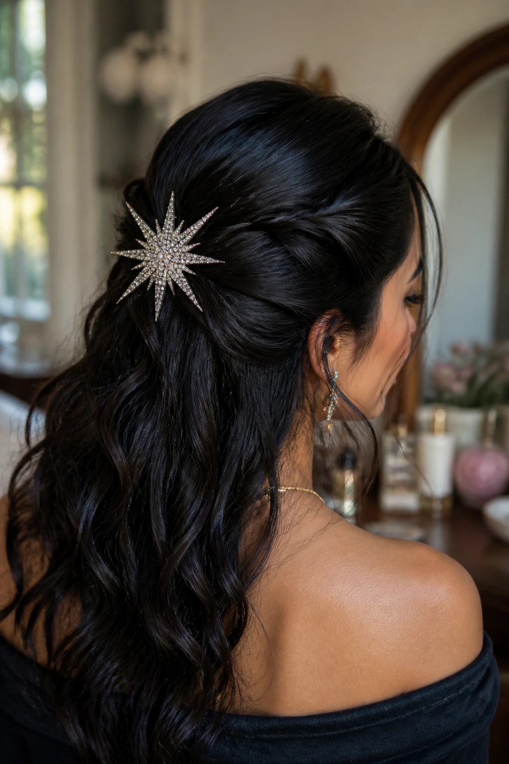 Close-up of a real woman wearing a large star clip in a half-up hairstyle.