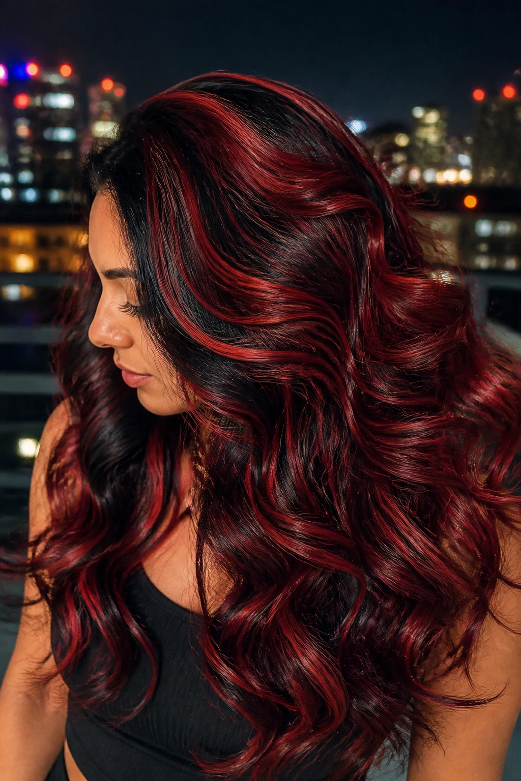 Close-up of long hair with black and red galaxy swirl colors