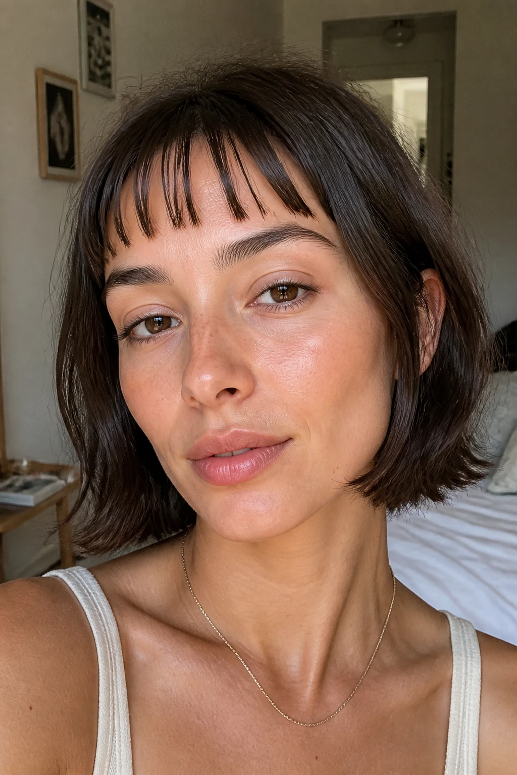 Close-up of a real woman with gappy micro bangs in warm window light.