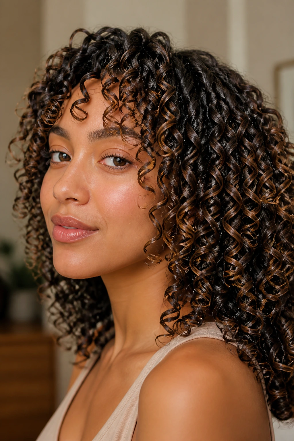 Close-up of a real woman with defined gel-defined curls