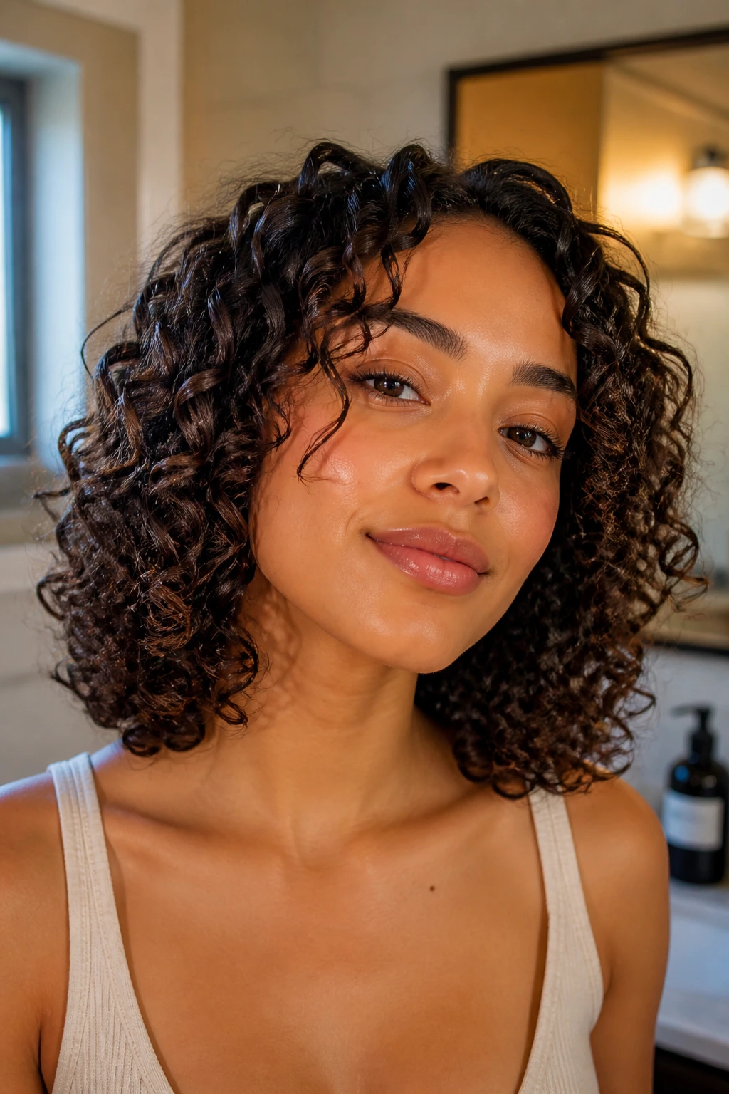 Close-up of shoulder-length curls with gel-cream-mousse styling