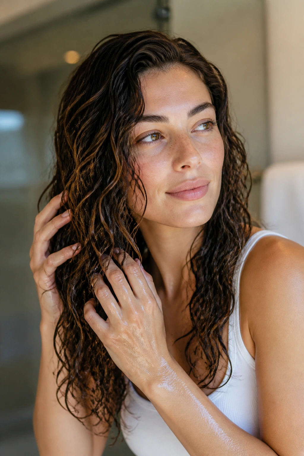 Close-up of a person scrunching gel into wavy hair