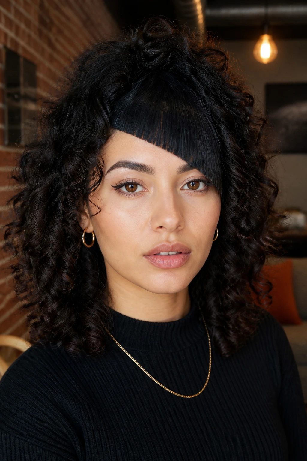 Close-up portrait of a real person with geometric angled curly bangs