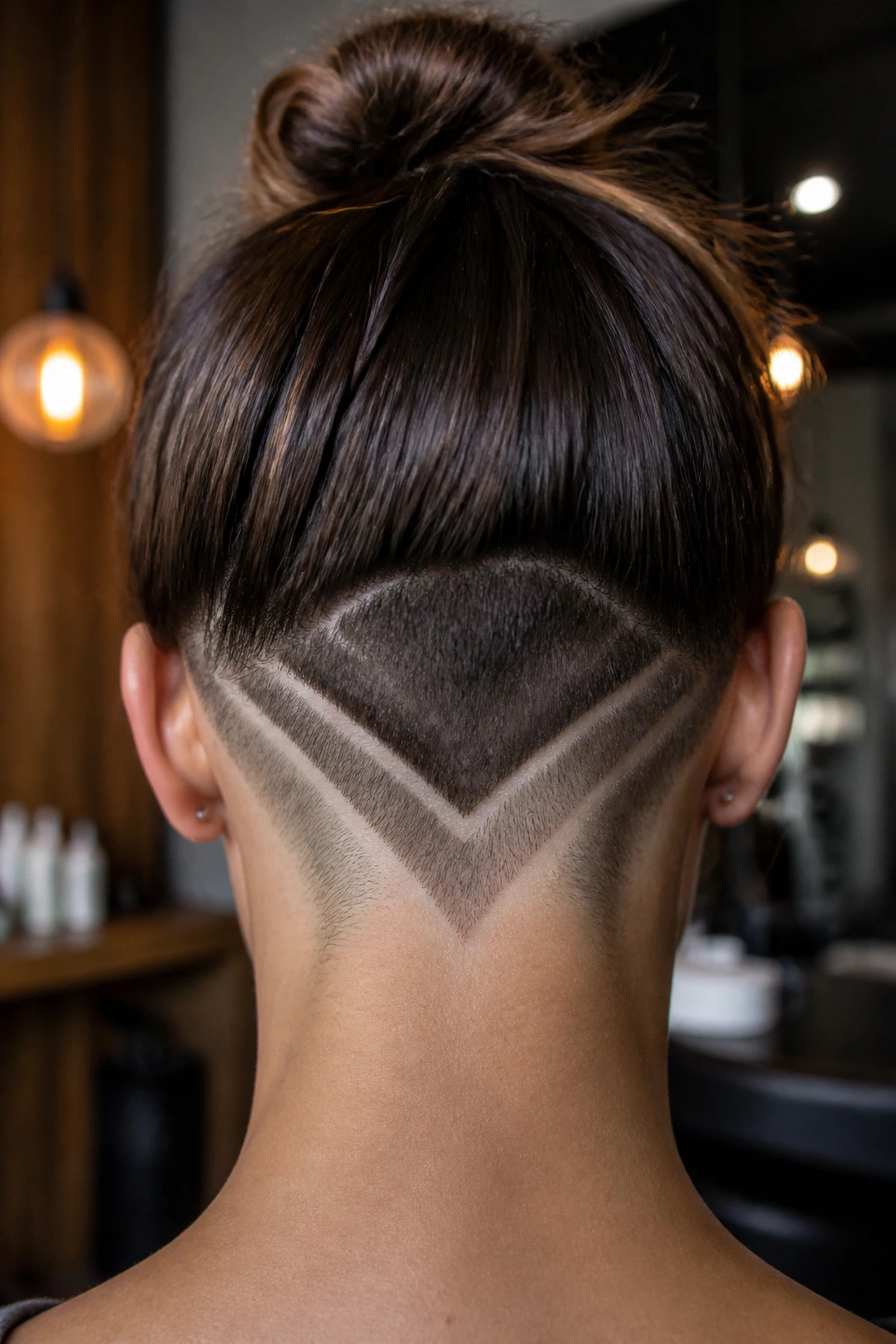 Back of head close-up revealing geometric triangular undercut pattern