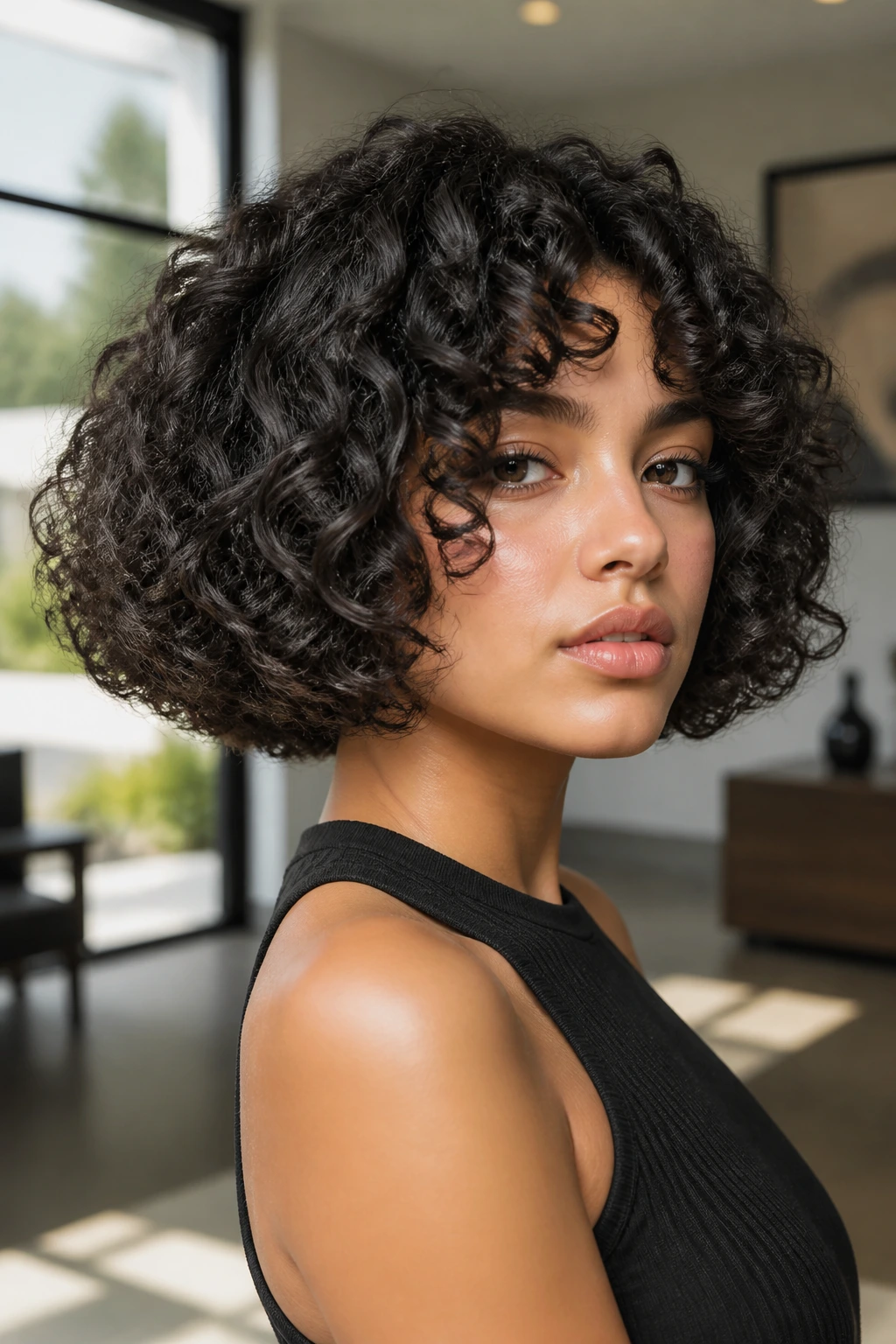 Real person with geometric blunt bob in a stylish interior