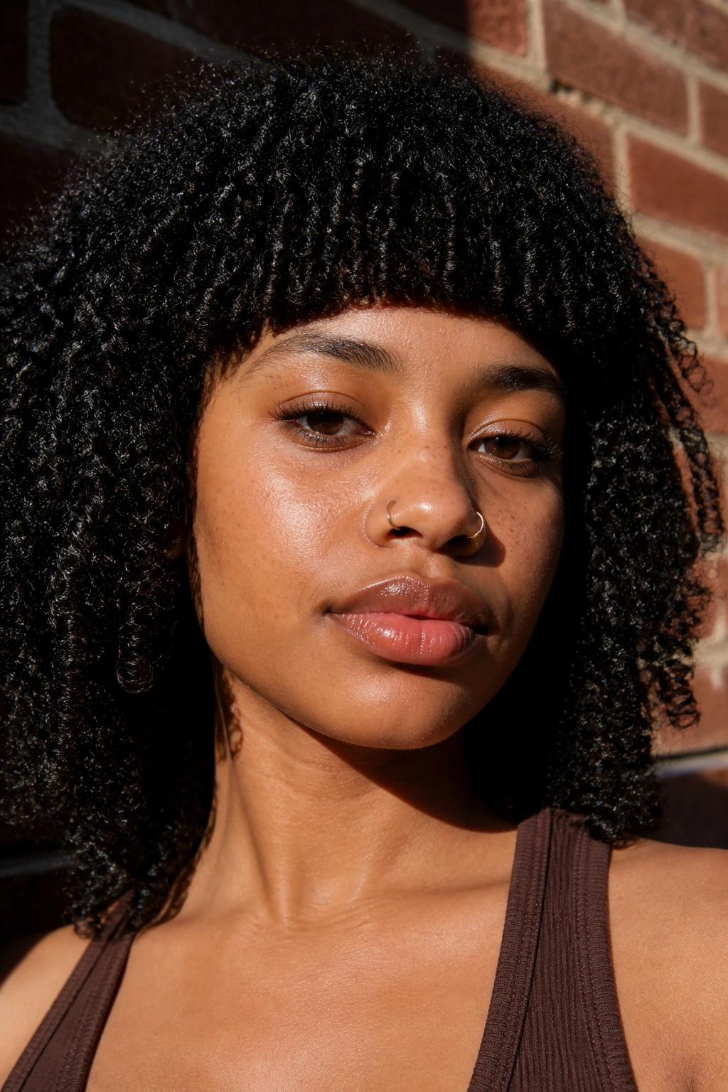 Close-up of a real person with geometric blunt coiled fringe against brick wall.