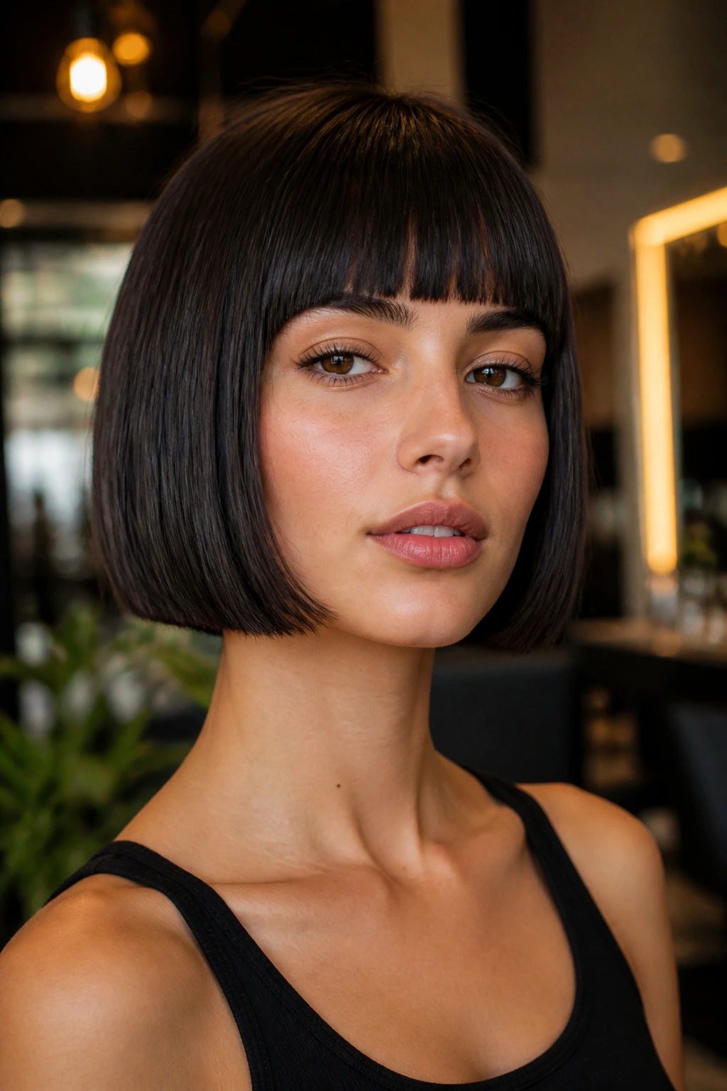 Close-up portrait of a woman with blunt geometric bob and sharp bangs in a warm salon setting