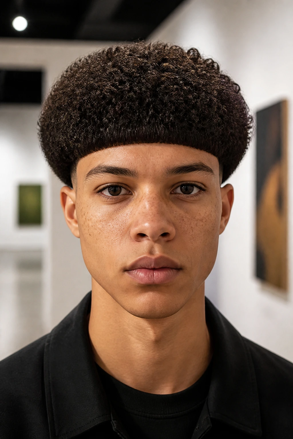 Close-up of a real person wearing a geometric bowl cut