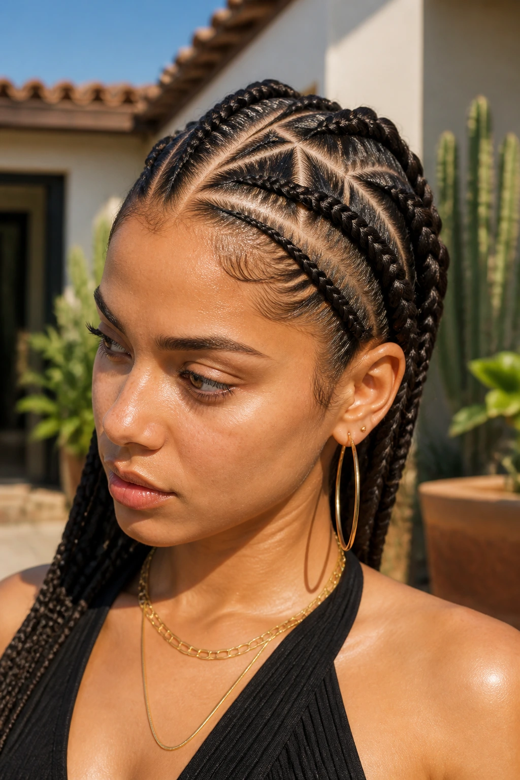 Close-up of Latina with sharp geometric braids and crisp parts