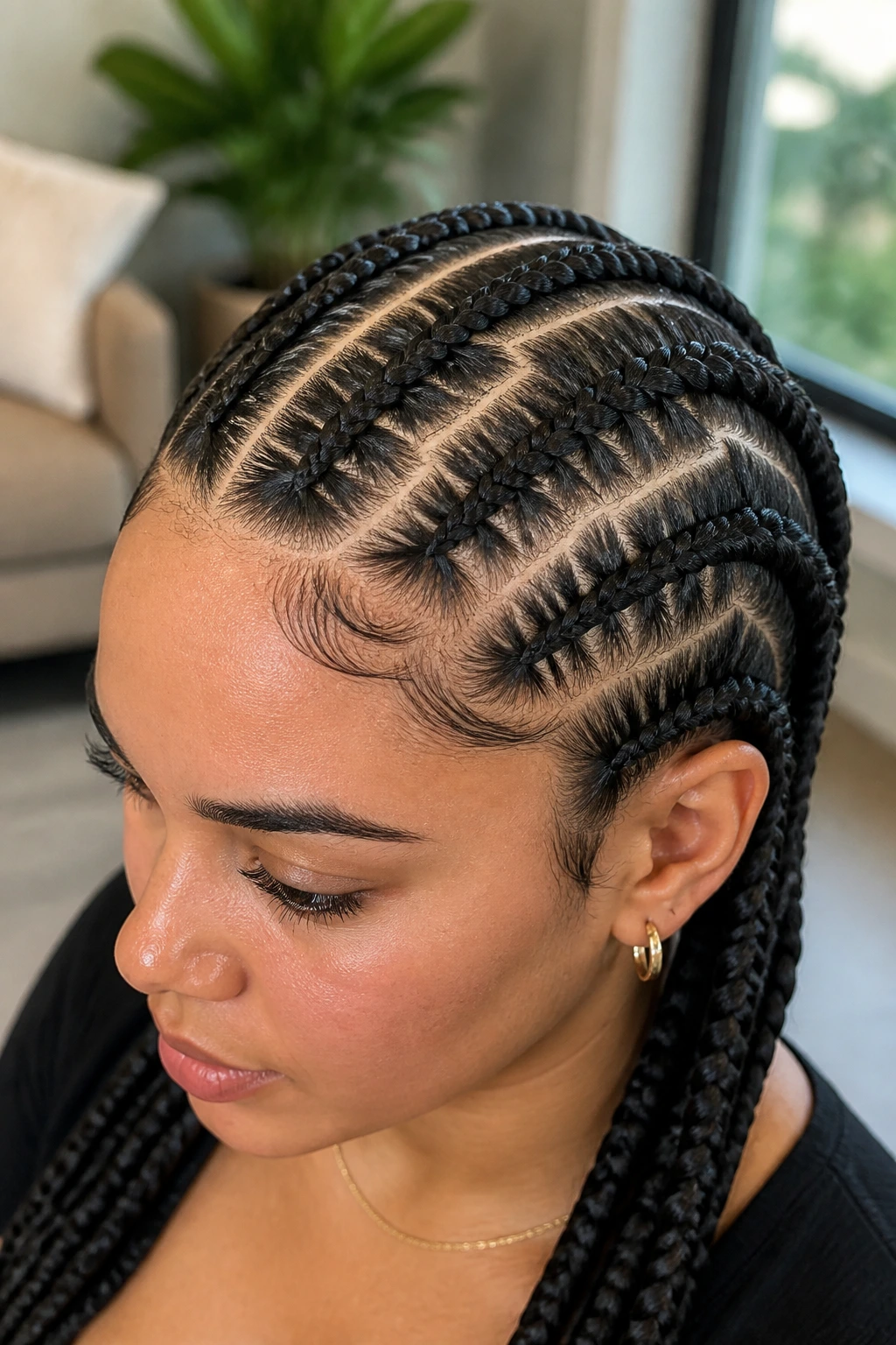 Real person with geometric line partings in braids