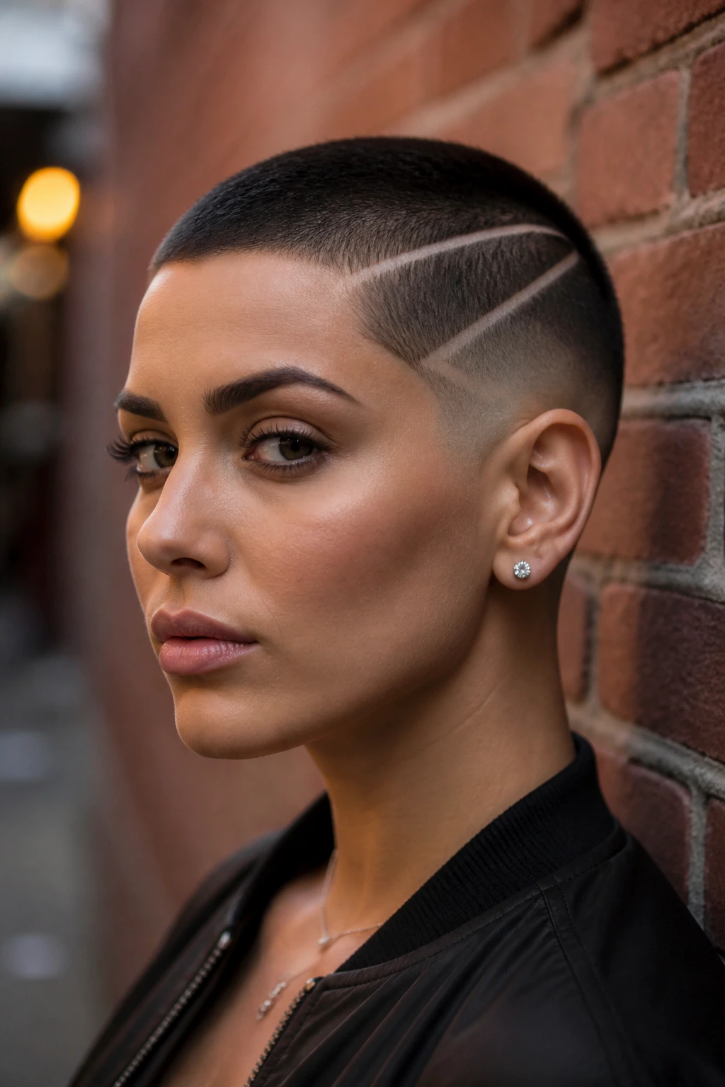 Close-up of a real person with a sharp hard-part geometric buzz cut on the scalp