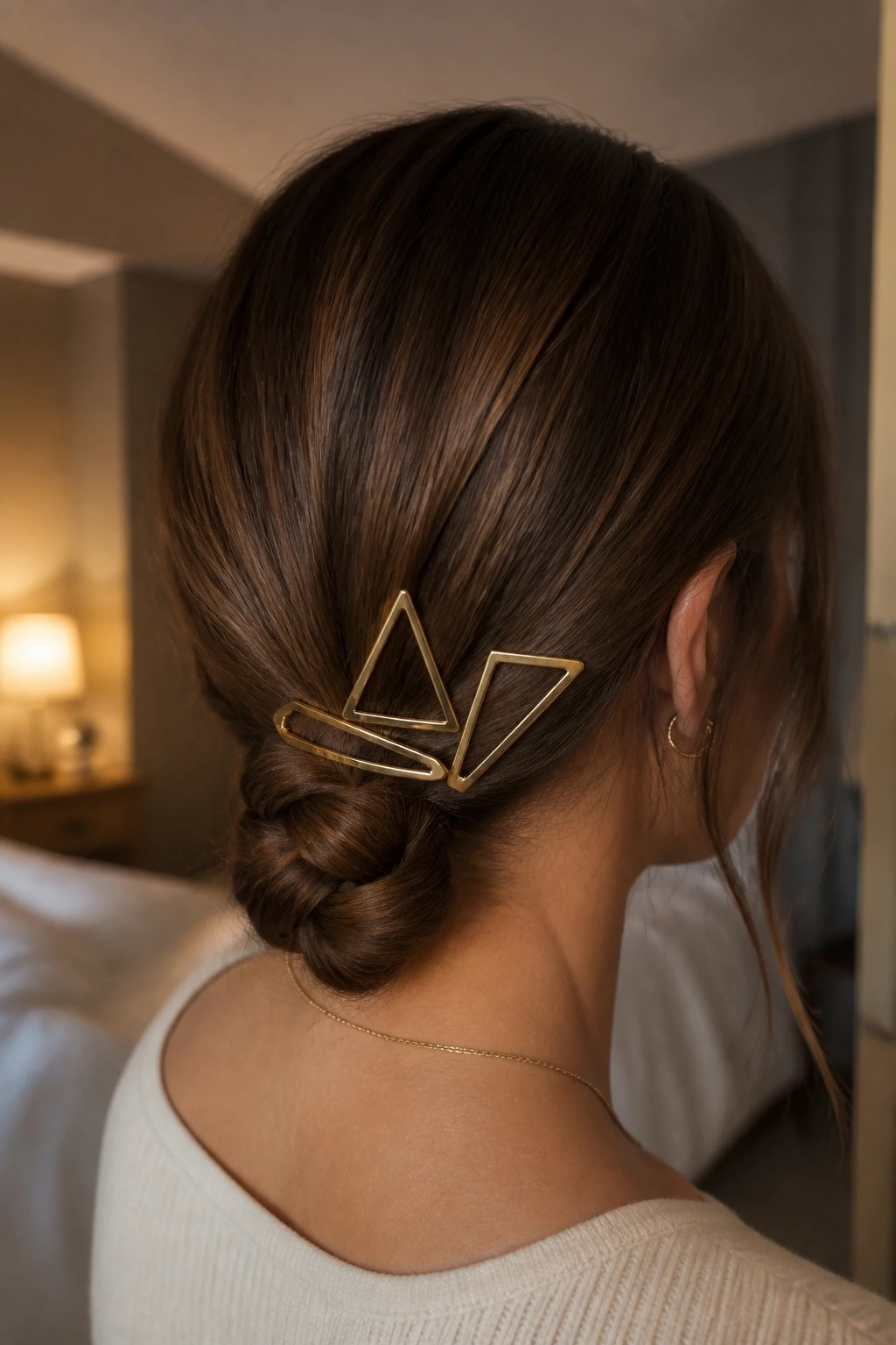 Nape braid secured with geometric metal clips on a real person