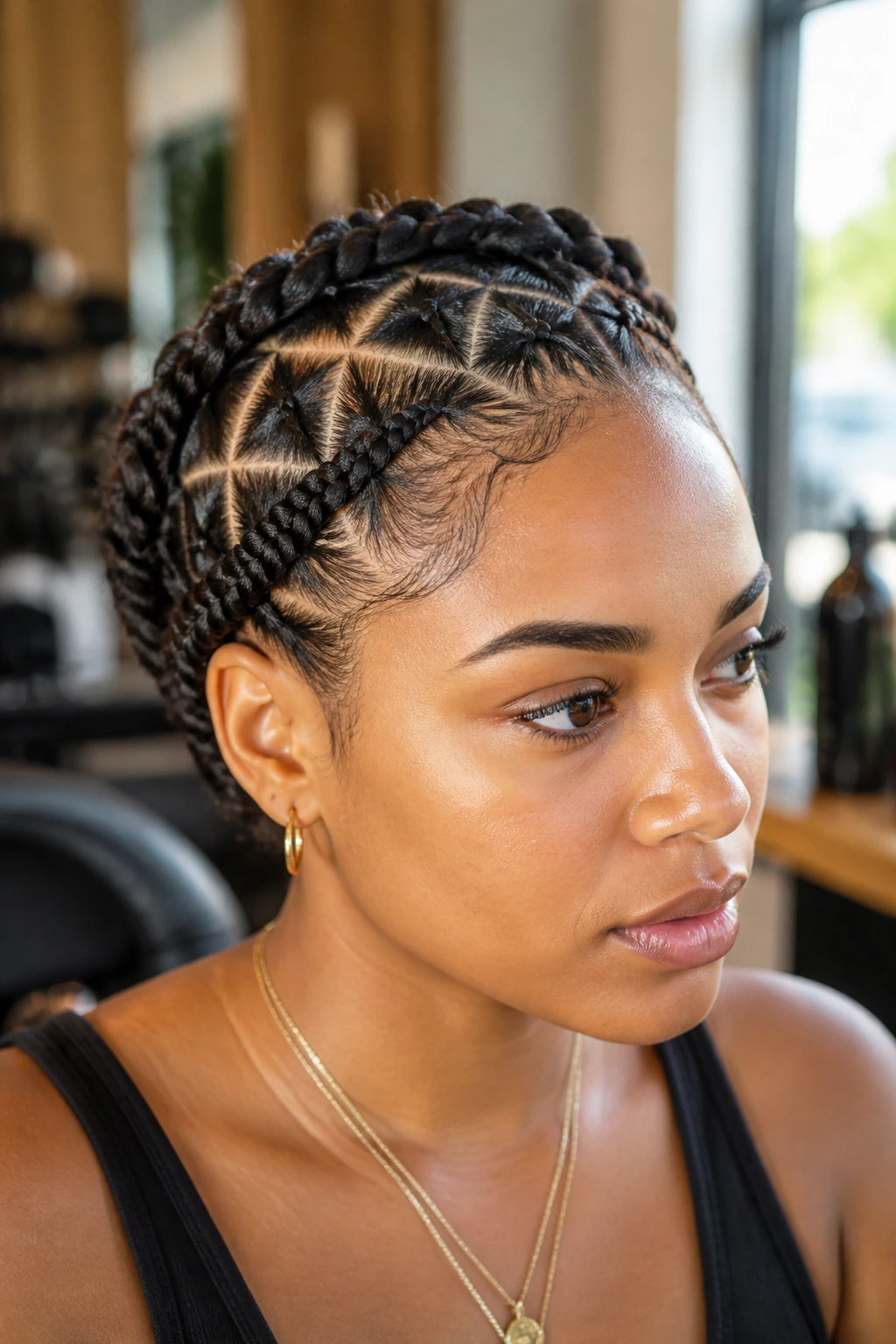 Close-up of a real woman with geometric crown braids around the scalp