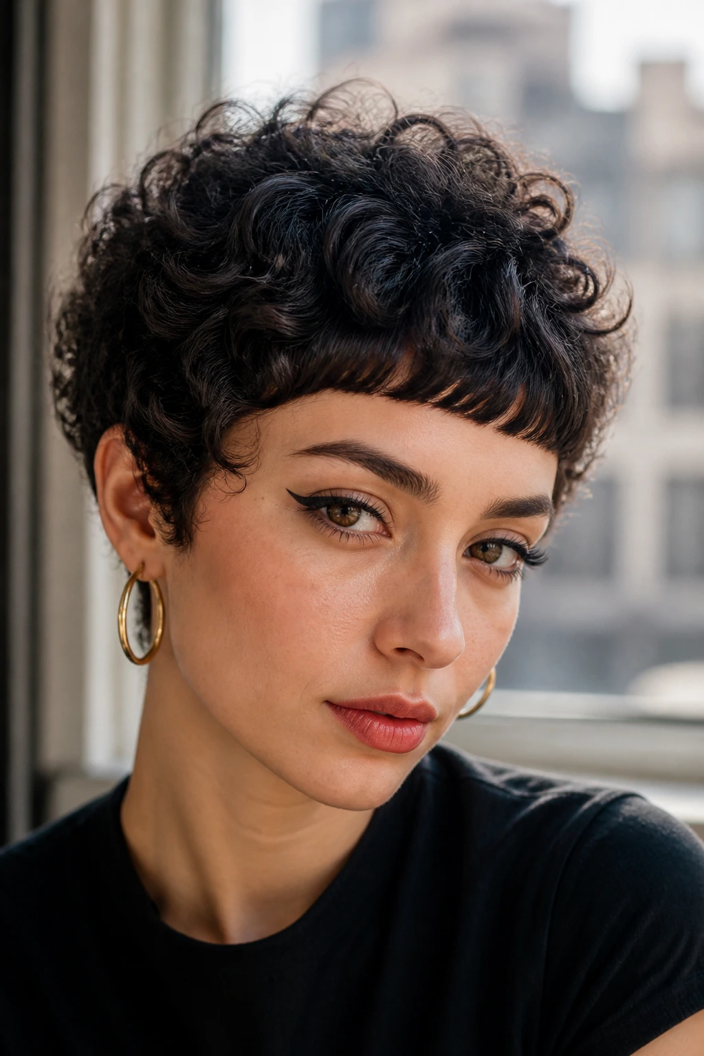 Close-up of a real woman with geometric curly crop and blunt bangs in natural window light