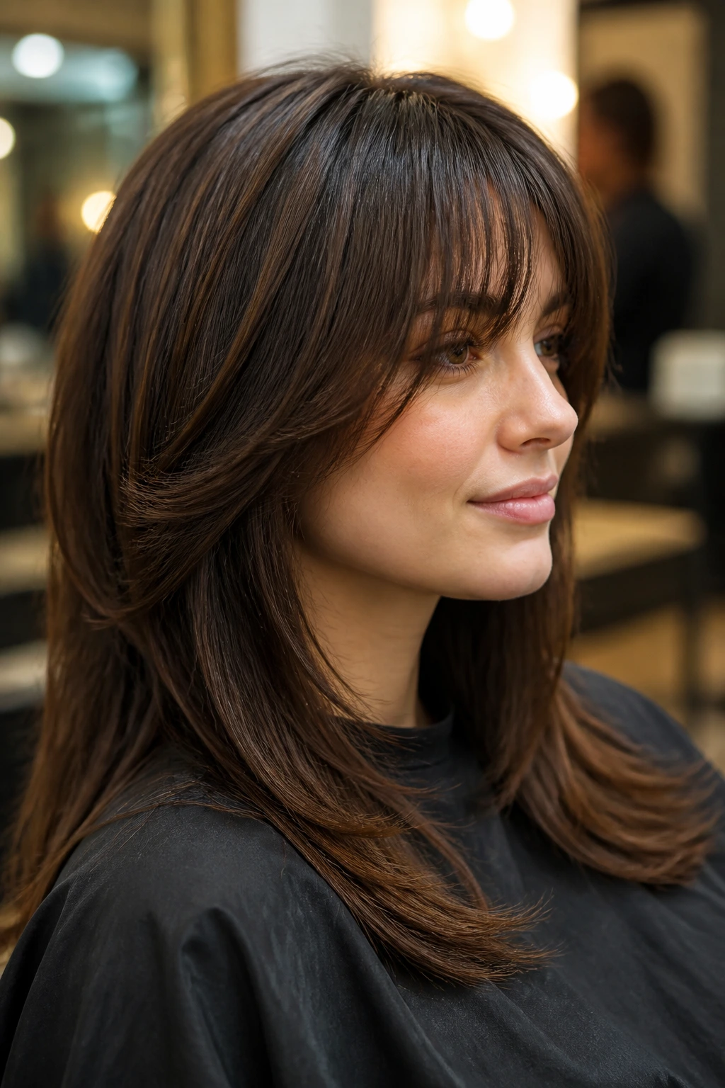 Portrait of a woman with diagonal layered haircut and feathered edges