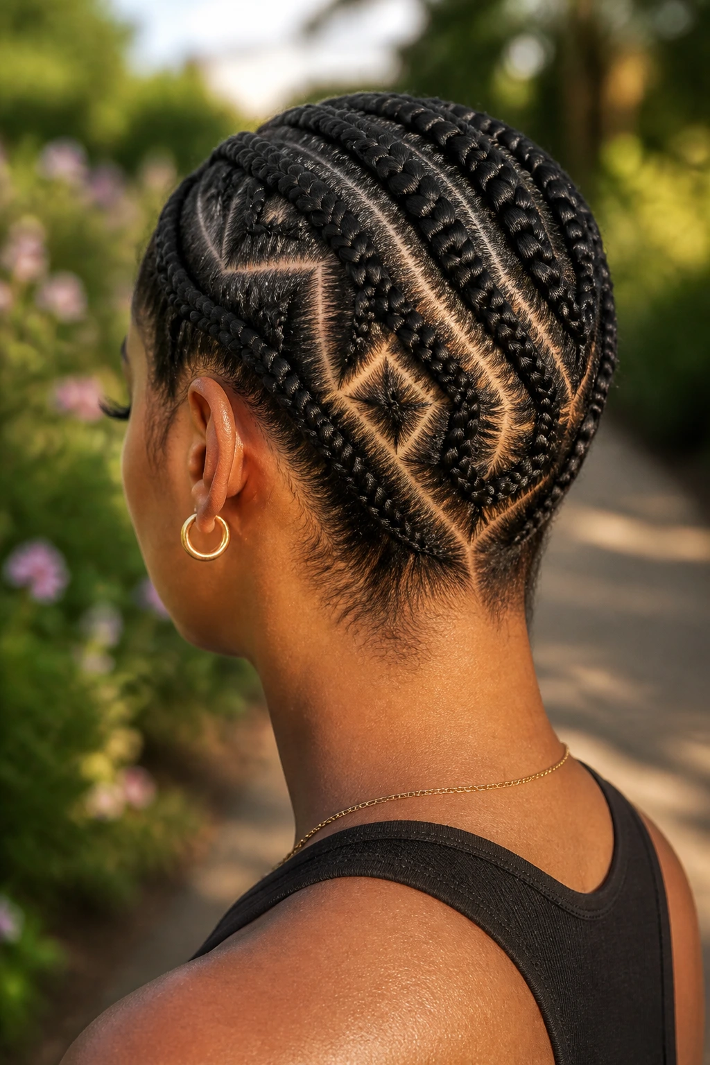 Back of head profile showing geometric invisible braids.