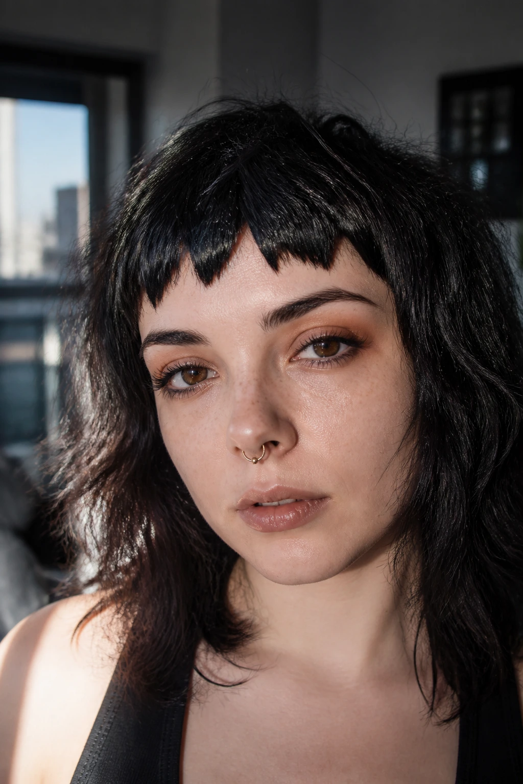 Close-up portrait of geometric jagged cropped bangs on a real person