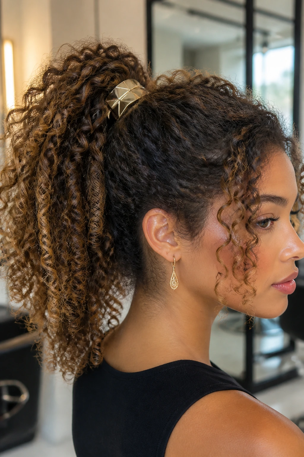 Close-up of a real woman with voluminous curls showing a geometric metal cuff around her ponytail