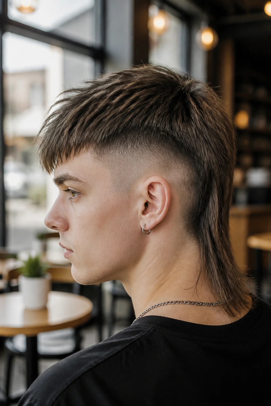 Portrait of geometric mullet with razor-clean sides on a real person