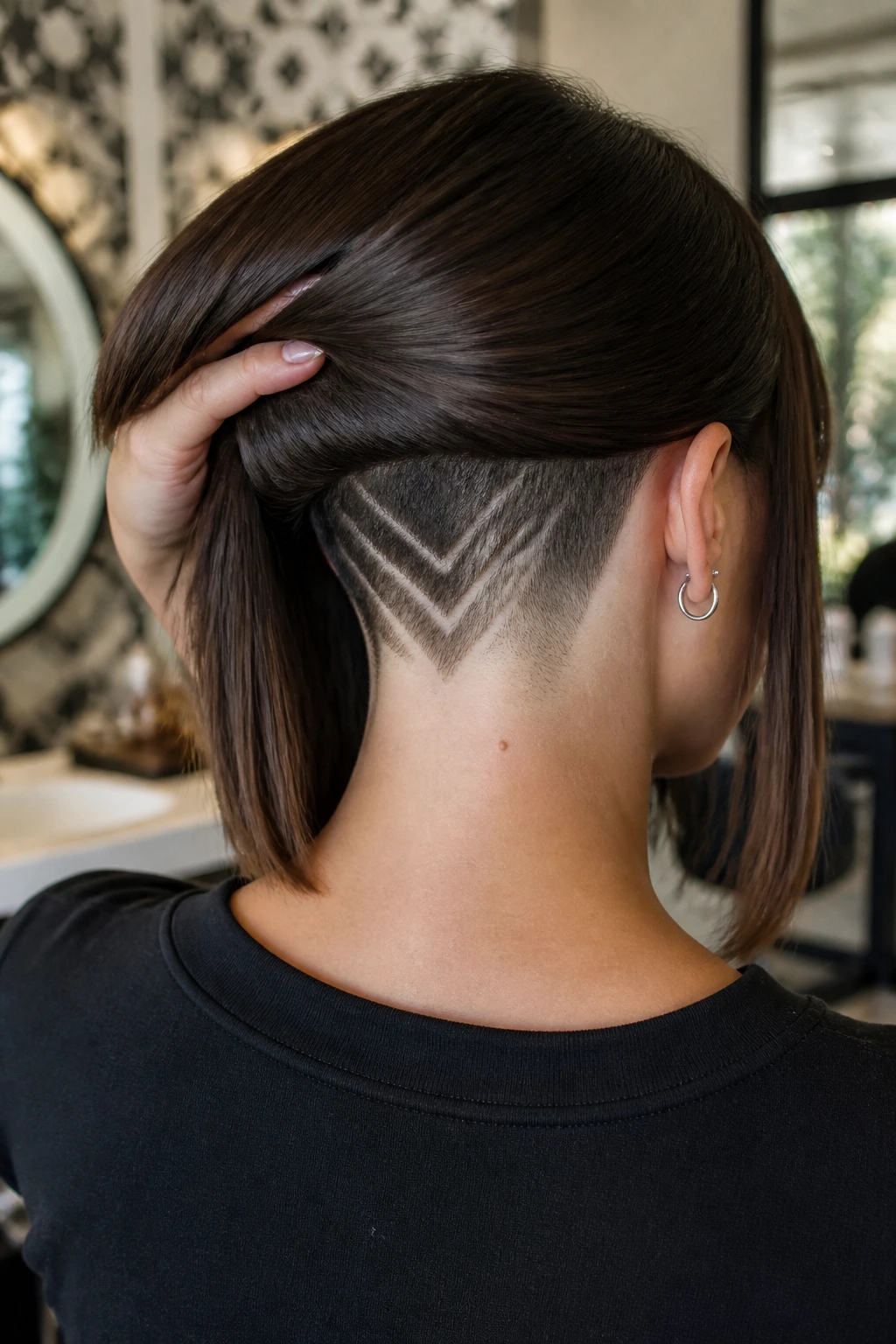 Close-up of a person showing a hidden geometric nape design undercut
