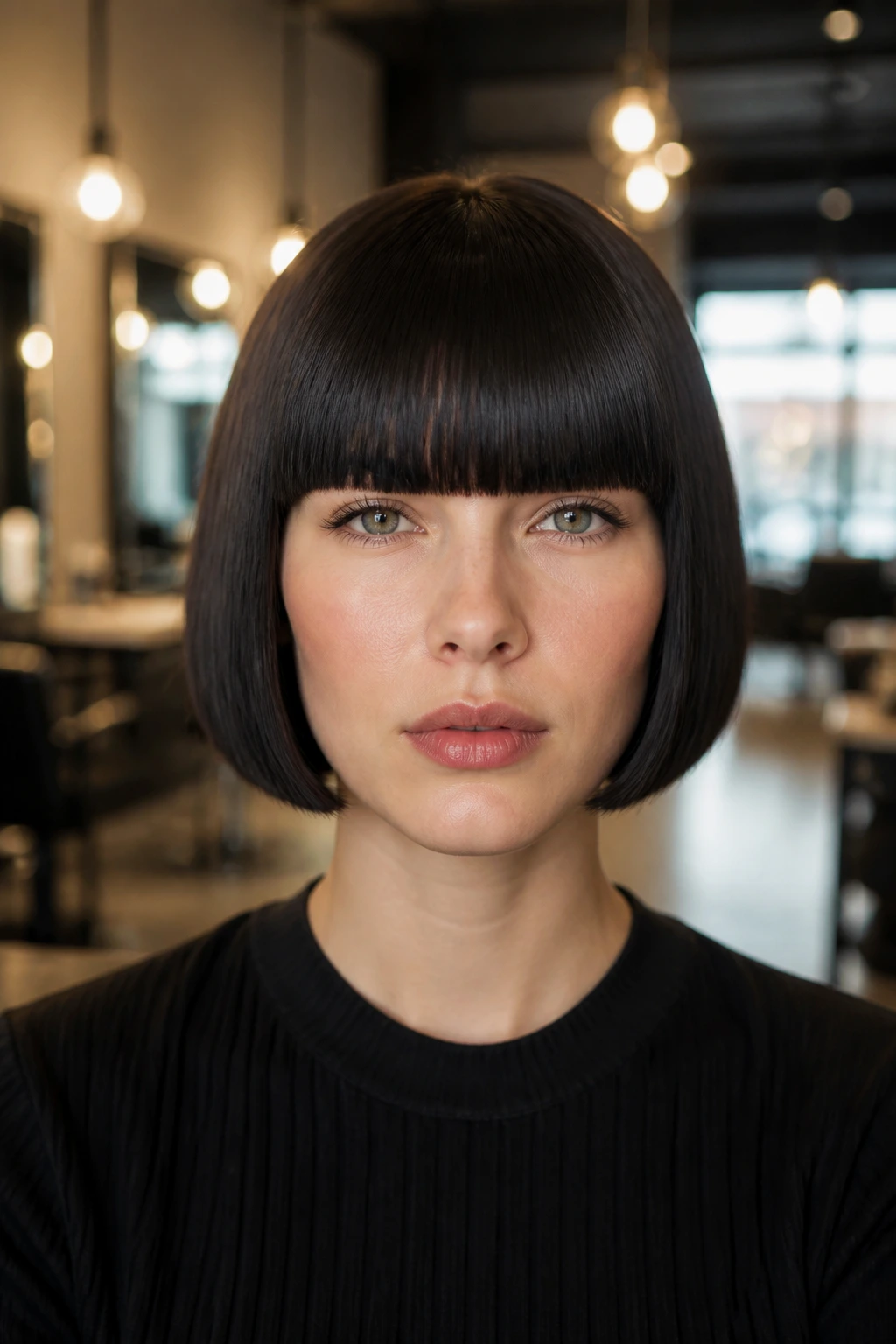 Real person with geometric pageboy and thick brow-skimming fringe in a salon.