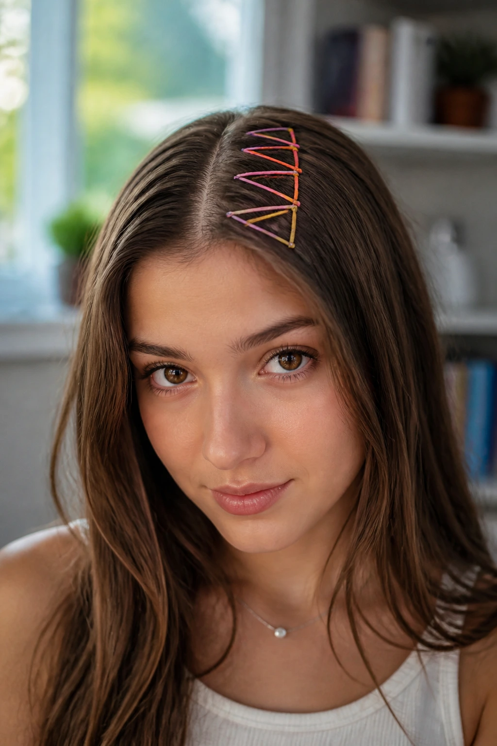 Close-up of a real person with a geometric line of colorful pins along the part