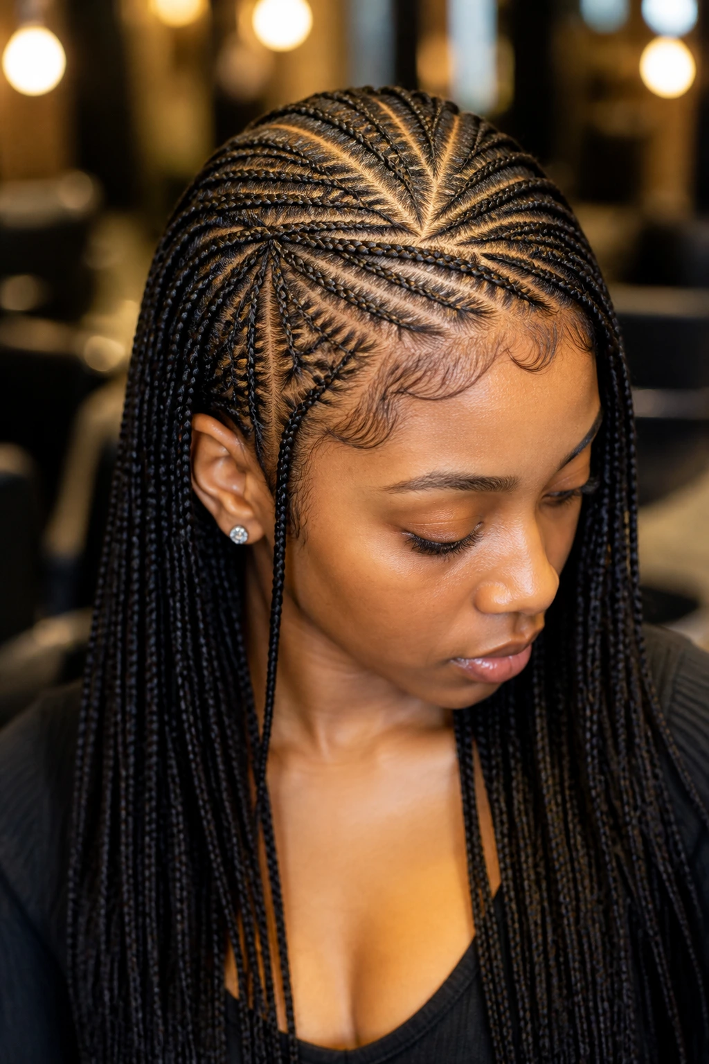 Head-and-shoulders portrait of a real woman with geometric partings and micro-braids in a salon