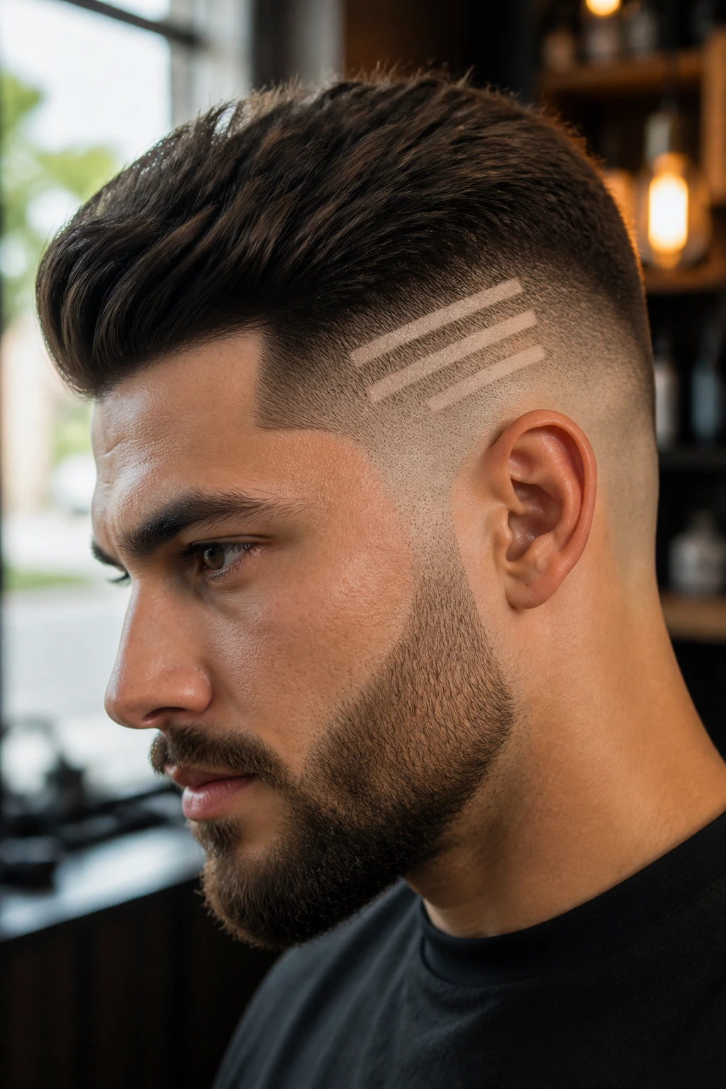 Close-up portrait of a real man showing a geometric side fade with three parallel lines on the shaved side.