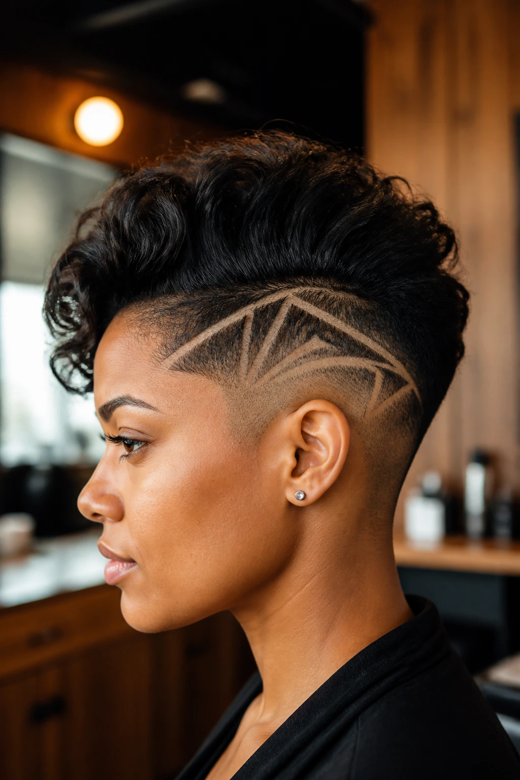 Close-up of a person with geometric undercut lines on the shaved sides