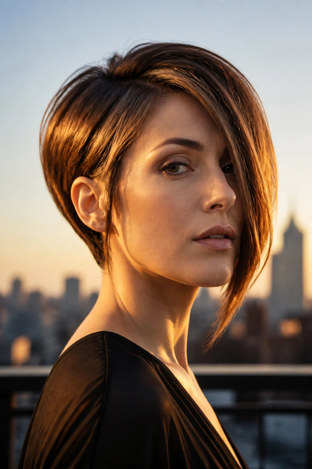 Portrait of a person with geometric asymmetrical wedge haircut on a city rooftop at golden hour.