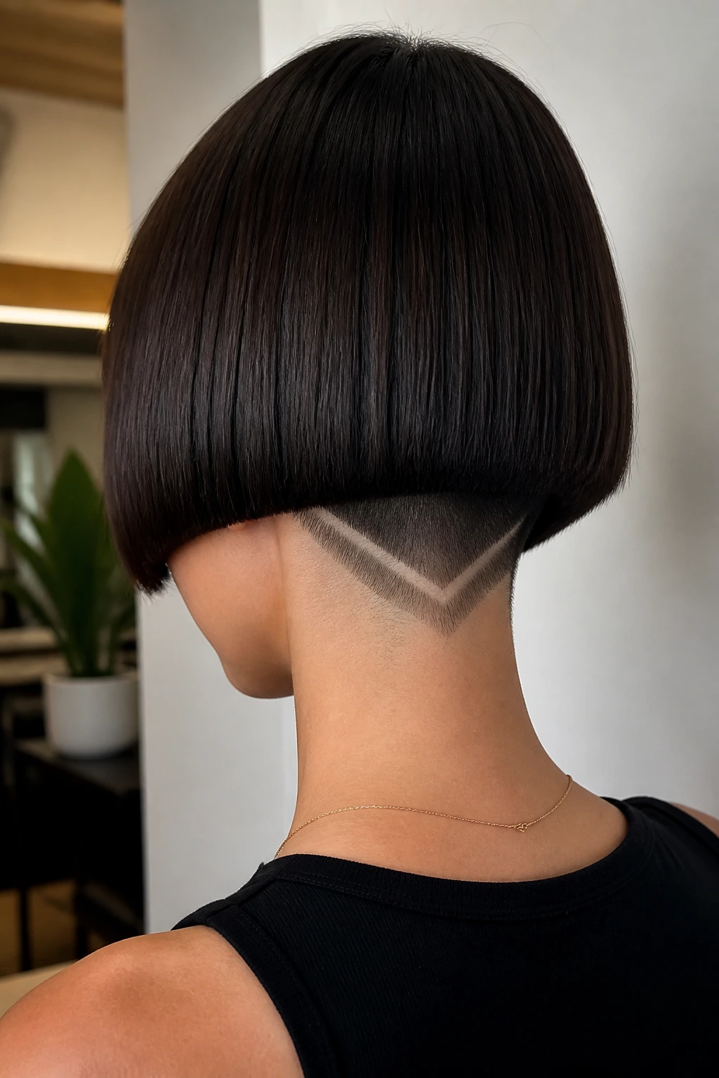 Back of head portrait showing a geometrical blunt cut with a shaved chevron nape.
