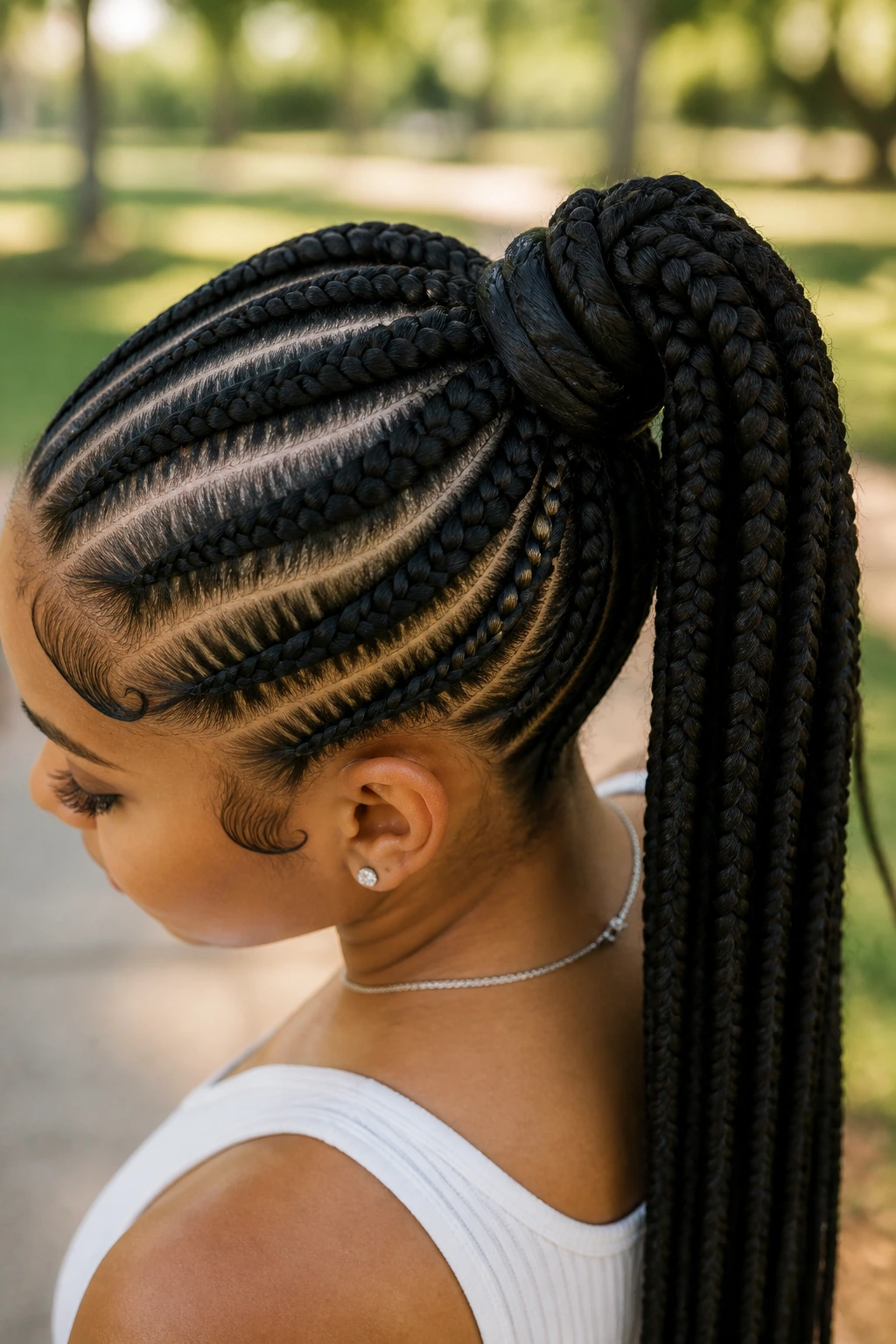 Woman with wrapped Ghana braid ponytail, seamless finish