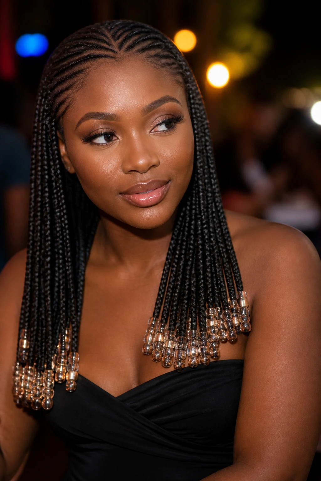 Woman with Ghana braids and beaded ends, elegant evening style