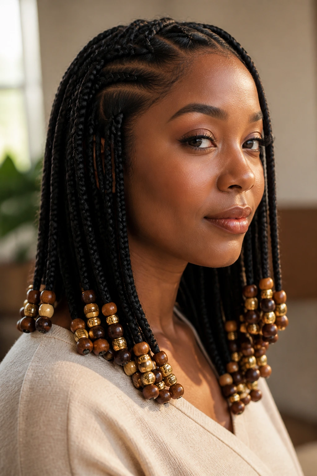 Close-up of a real woman with Ghana braids ending in beads
