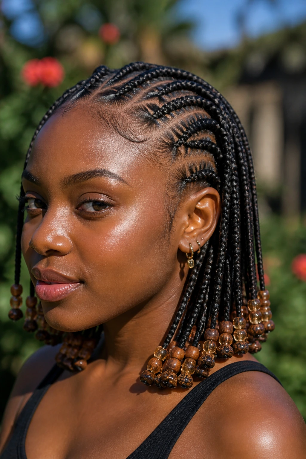 Close-up of Ghana braids with beaded ends on a real person