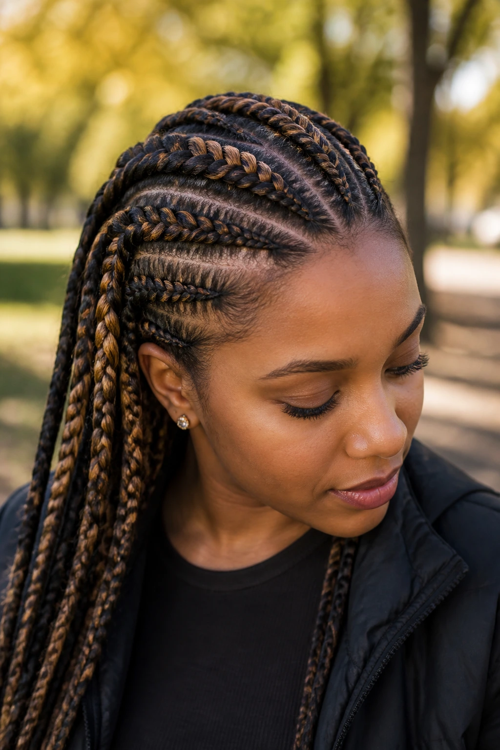 Close-up of mixed-color Ghana braids with honey-blonde highlights