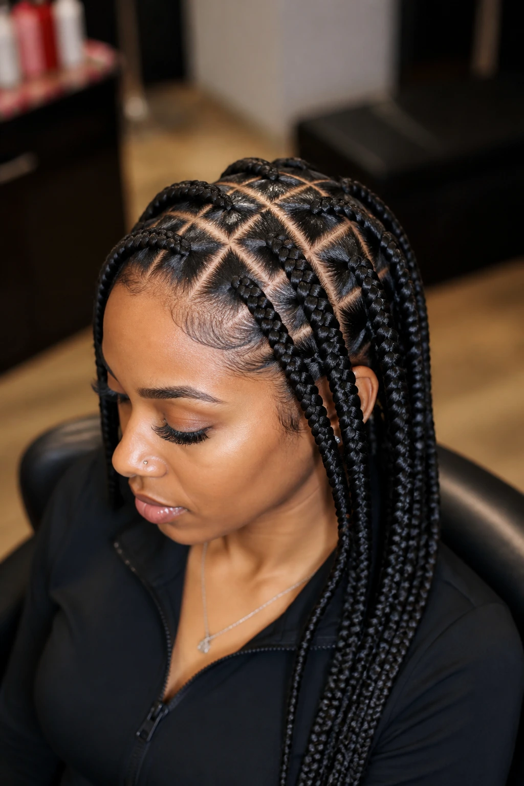 Real woman with criss-cross partitioned Ghana braids showing crisp parts