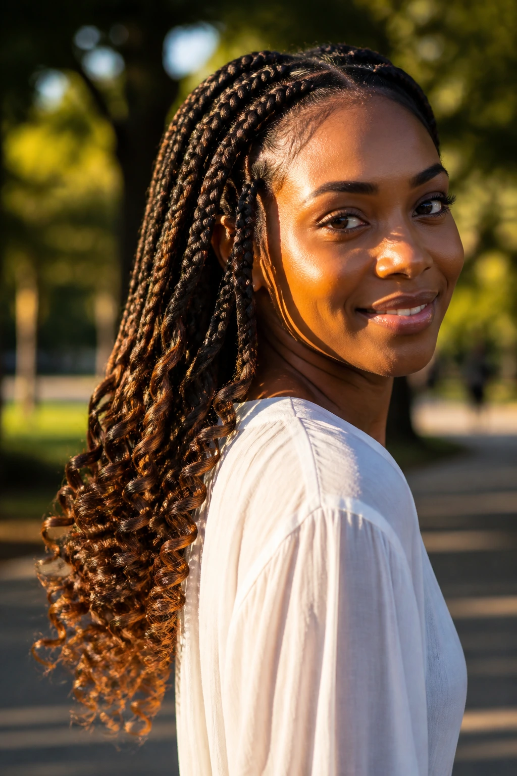 Real woman with Ghana braids ending in curls in golden-hour park