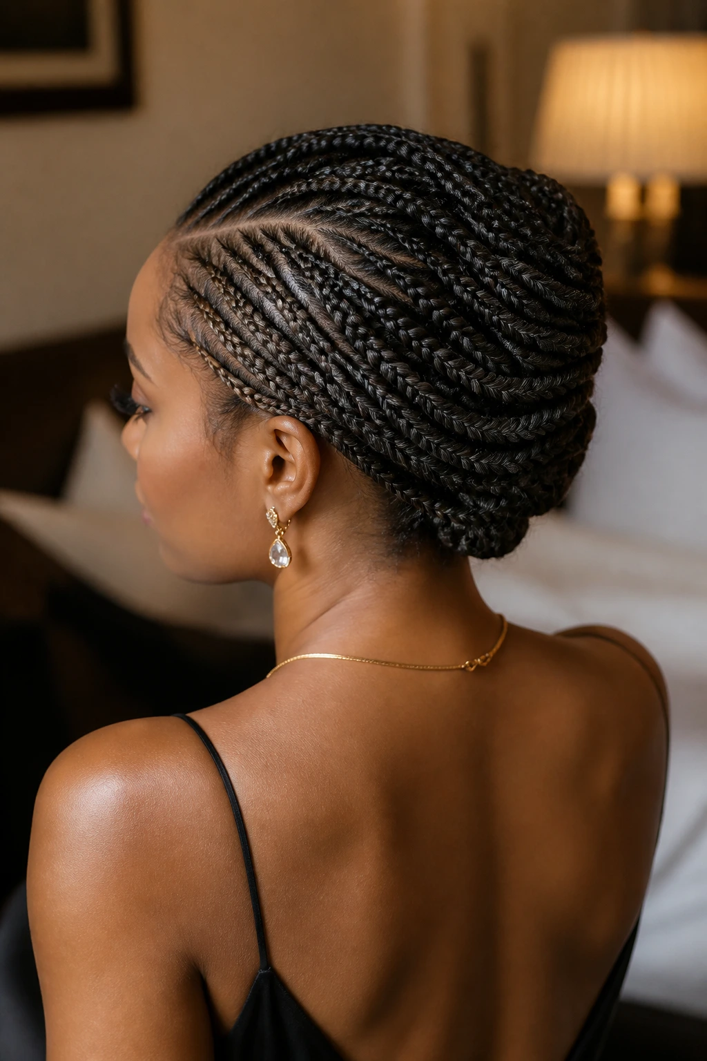 Medium close-up of a real woman with side-parted Ghana braids twisted into a French twist