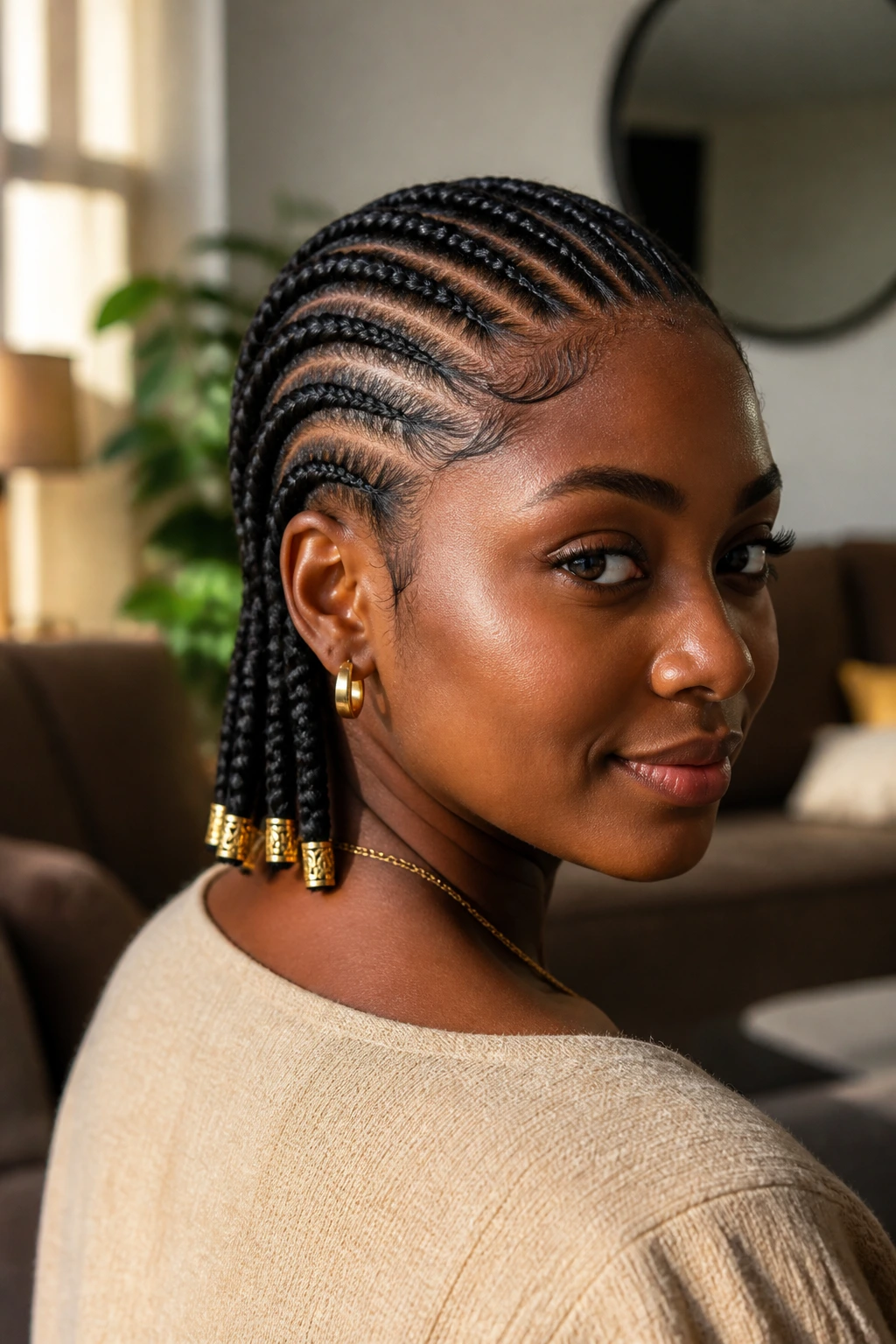 Real woman with Ghana braids accented by gold cuffs