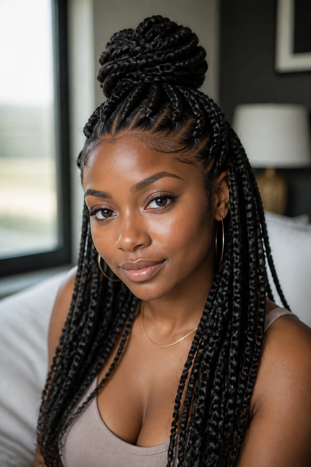 Close-up portrait of a real woman with half-up half-down Ghana braids