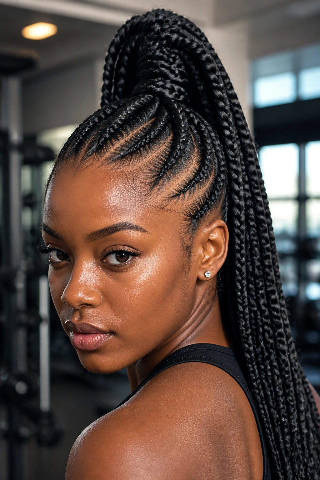 Real woman with high-ponytail Ghana braids in a gym-studio setting