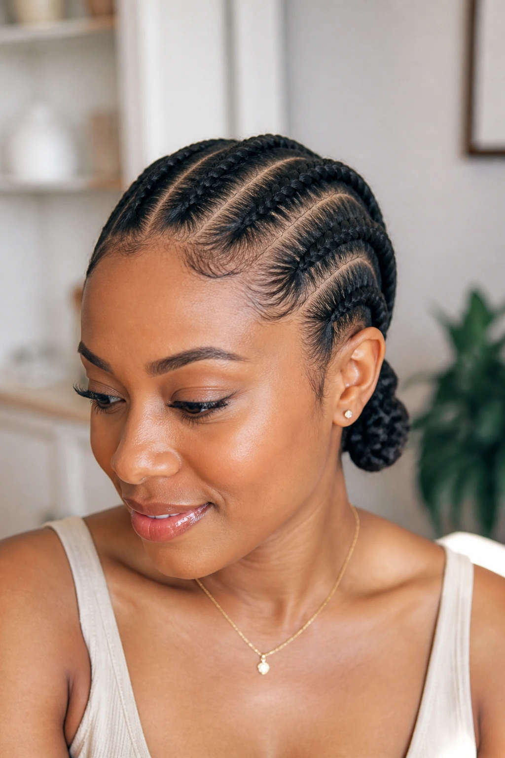 Real person with fewer, lighter Ghana braids and shorter length.