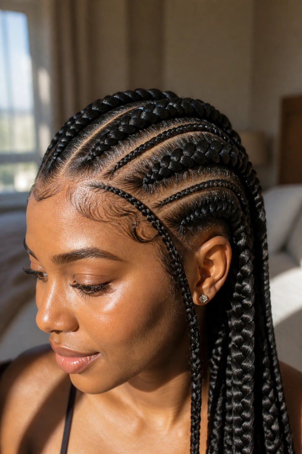 Close-up of a real woman with Ghana braids and micro-braid accents along the hairline