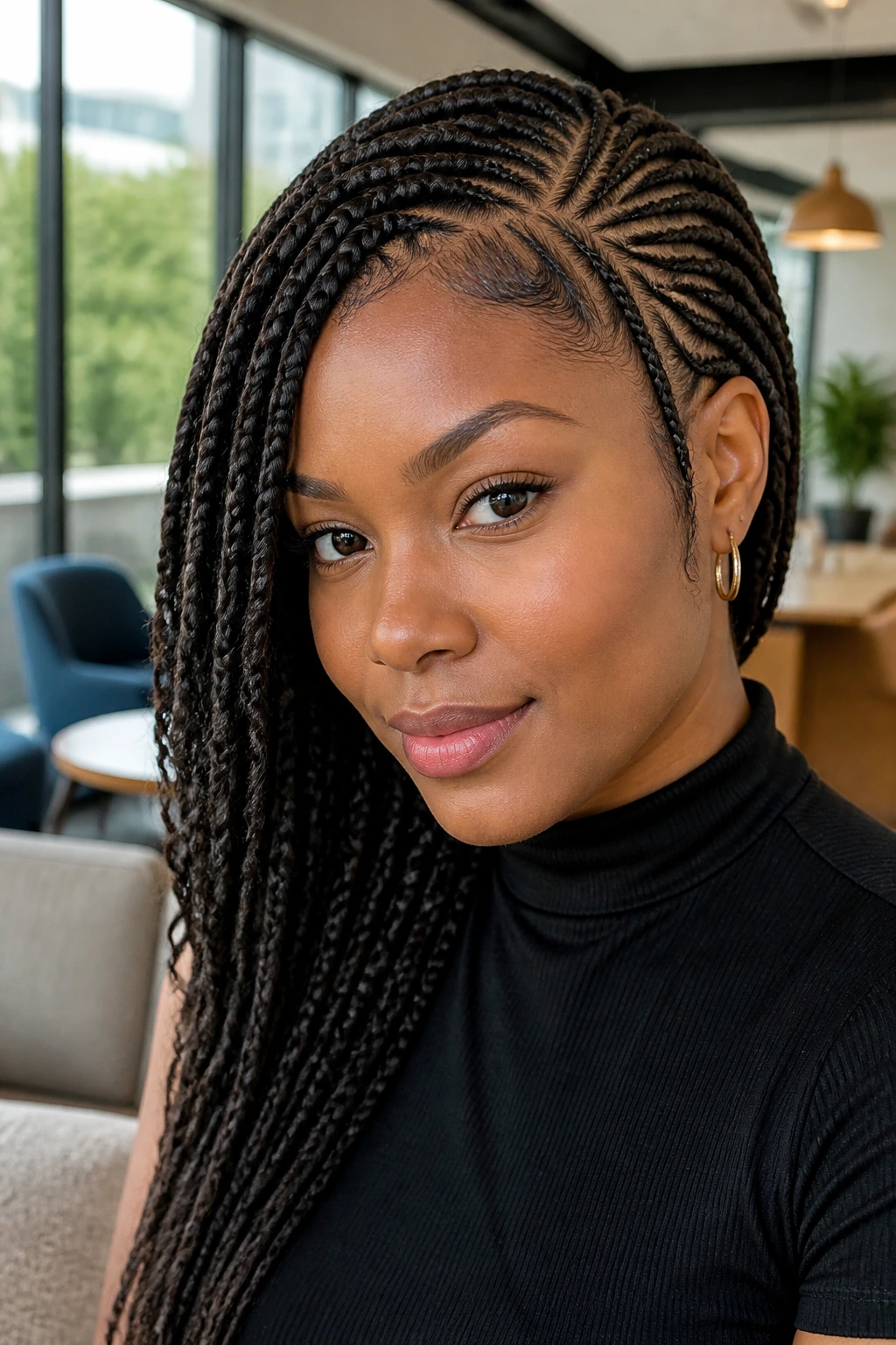 Close-up side-parted Ghana braids on a real person
