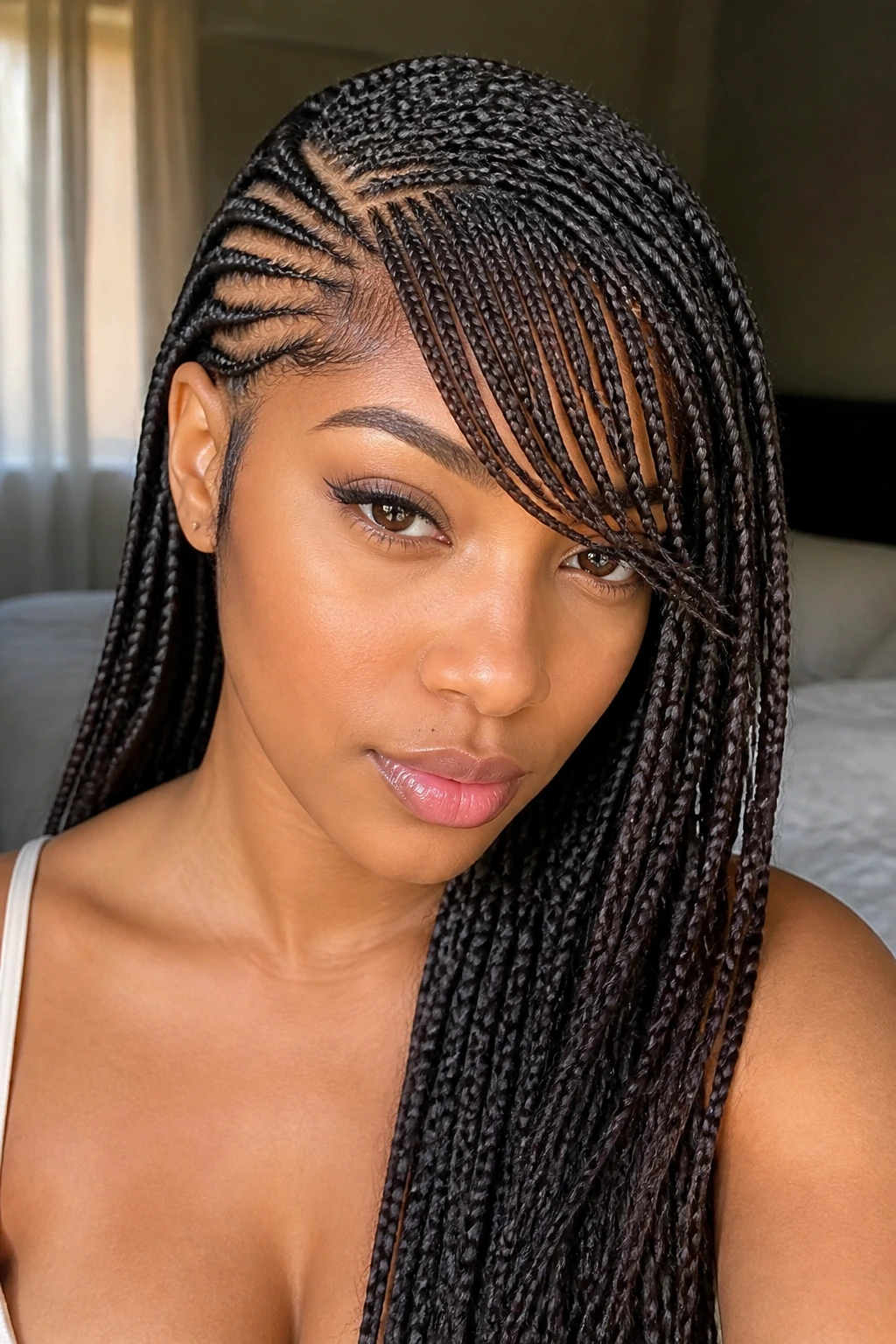 Woman with side-parted Ghana braids and bangs, soft framing